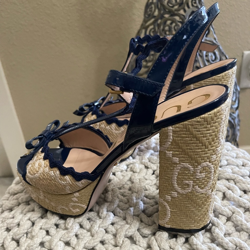 Gucci Natural/Royal Kertu Rafia  GG Platform Heels 41.5 - Picture 5 of 12